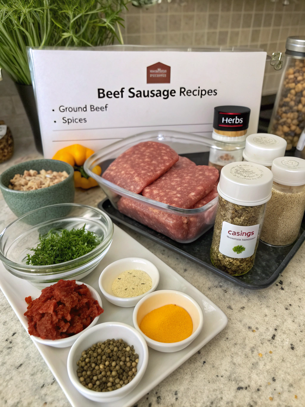 Fresh ingredients for beef sausage dishes including sausage links, colorful bell peppers, onions, garlic, tomatoes, potatoes, spices, and fresh herbs on a rustic wooden table.