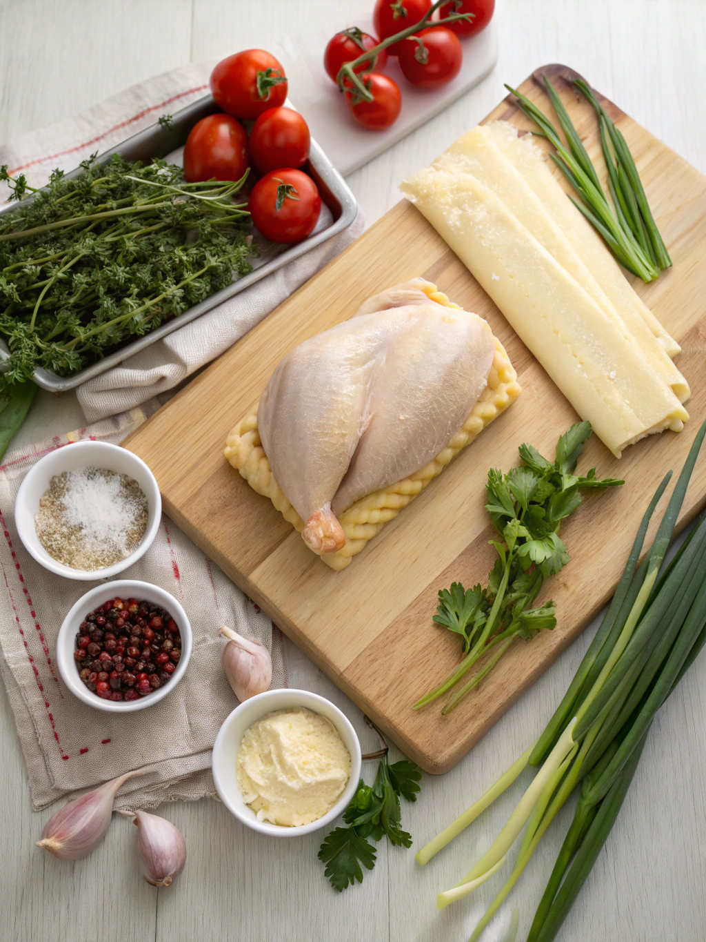 Bowl of shredded chicken, puff pastry sheets, fresh herbs, and vegetables for chicken pastry