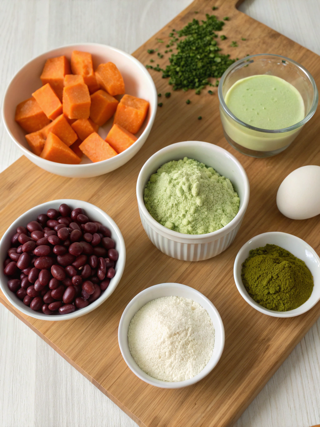 Meticulously arranged ingredients for Japanese desserts: matcha powder, red bean paste, mochiko flour, silken tofu, agar-agar, kinako, black sesame seeds.